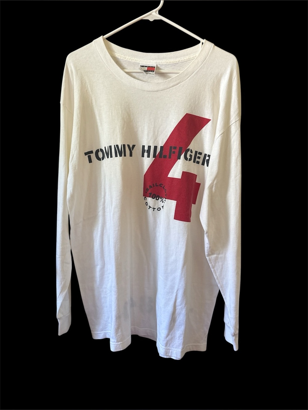 Tommy Hilfiger White Long-Sleeve Graphic Tee with Red Number sail gear vintage L